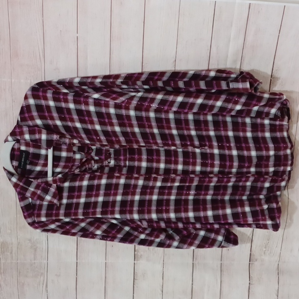 Lane Bryant 18/20 plaid blouse. Maroon, pink, white, with silver threading.